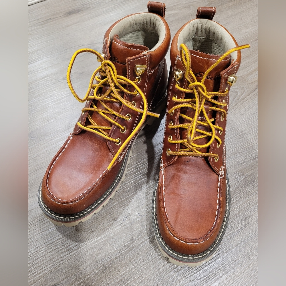 Eddie Bauer Leather Brown Boots with Yellow Laces Severson Moc Toe Copper